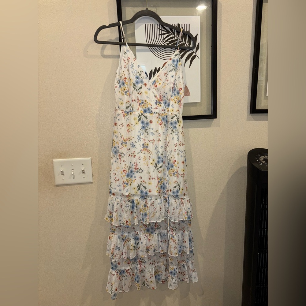 Fashion Nova Blue and Cream Ruffled Tiered Maxi Dress Cottagecore